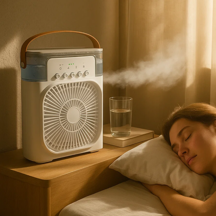 "Compact 3-in-1 portable air cooler humidifier, sleek design, adjustable fan speeds, ideal for small spaces, home or office u