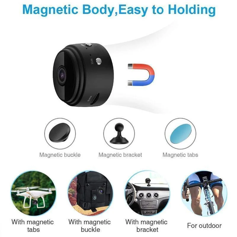 Compact black 1080p WiFi mini camera for home security with night vision, wide-angle view, and magnetic base.