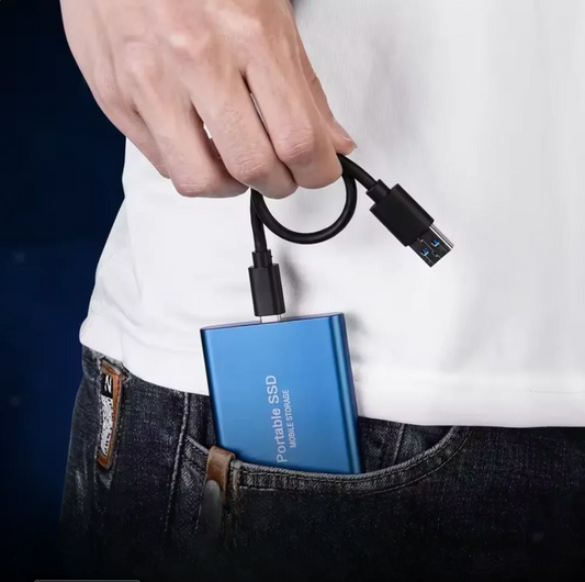 "Compact black portable SSD for fast data transfer, 1-4 TB, USB-C connectivity, sleek design, durable for on-the-go use."