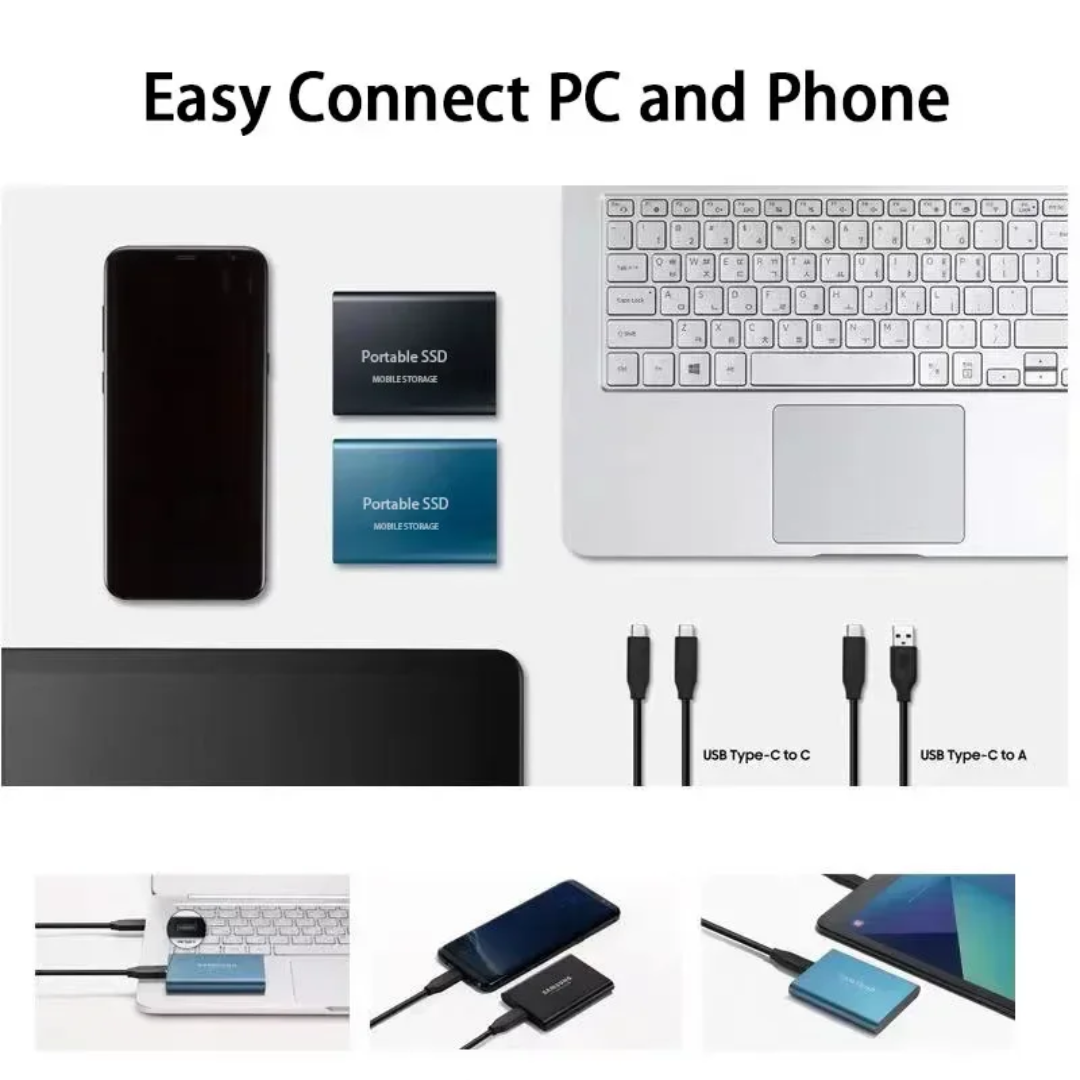"Compact black portable SSD for fast data transfer, 1-4 TB, USB-C connectivity, sleek design, durable for on-the-go use."