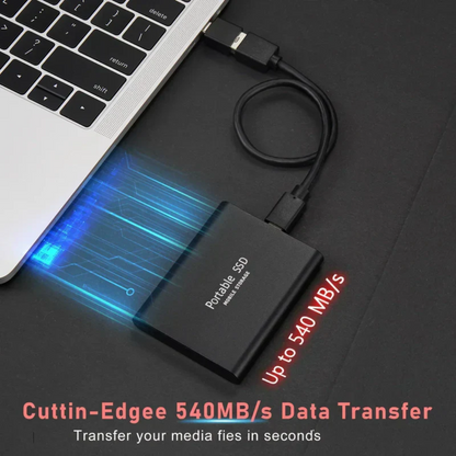 "Compact black portable SSD for fast data transfer, 1-4 TB, USB-C connectivity, sleek design, durable for on-the-go use."