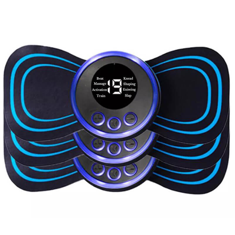 Compact device offering sciatica relief and cognitive therapy, featuring ergonomic design and integrated EMS massage patches.