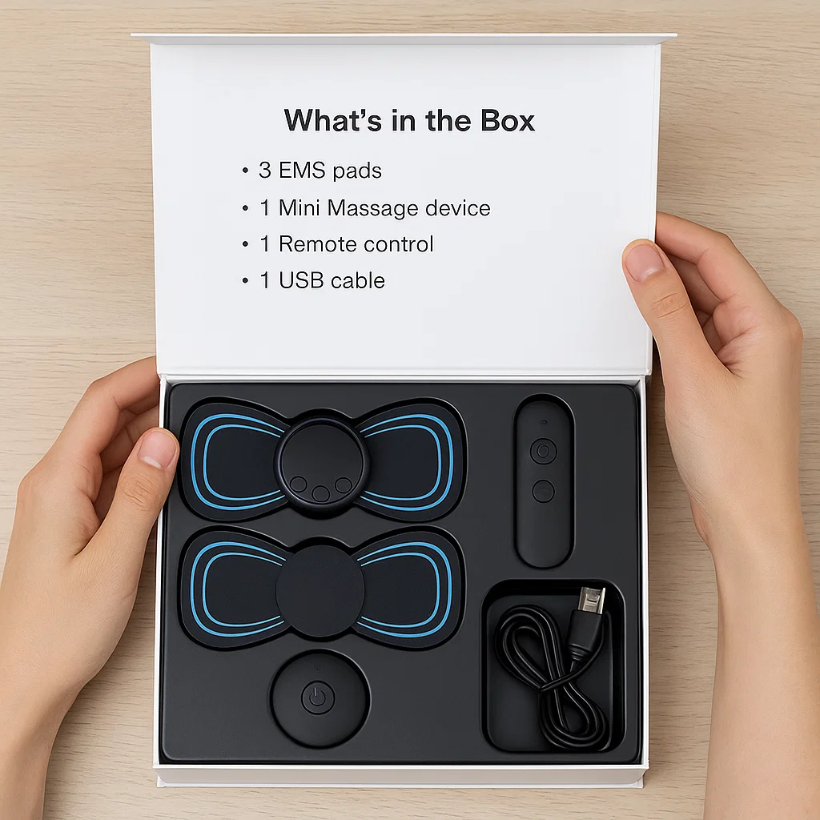 Compact device offering sciatica relief and cognitive therapy, featuring ergonomic design and integrated EMS massage patches.