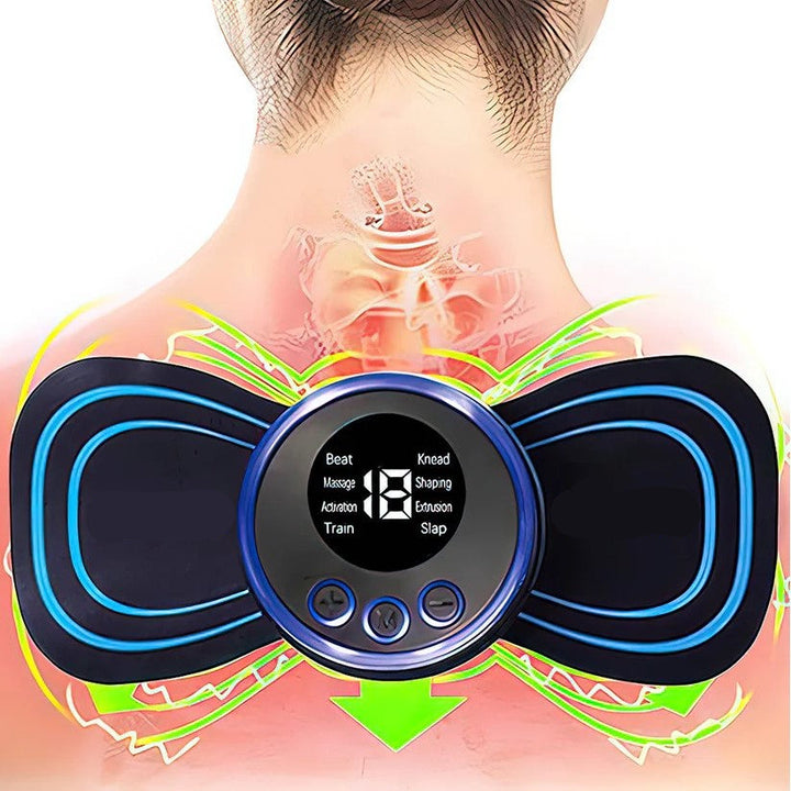 Compact device offering sciatica relief and cognitive therapy, featuring ergonomic design and integrated EMS massage patches.