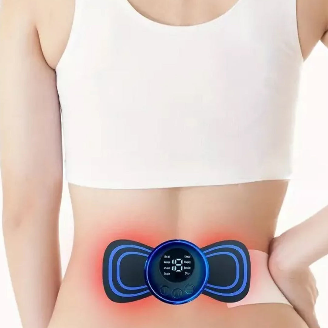Compact device offering sciatica relief and cognitive therapy, featuring ergonomic design and integrated EMS massage patches.