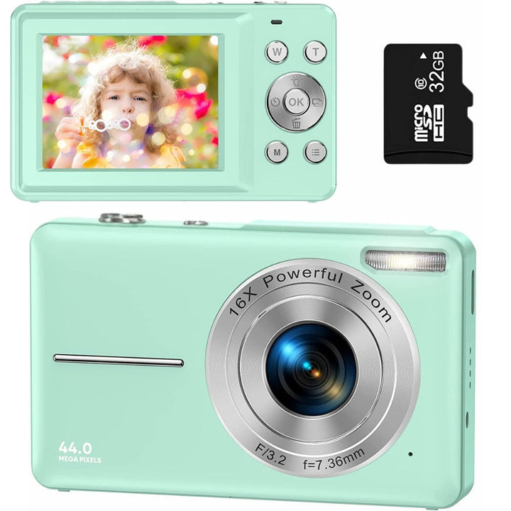 "Compact digital camera for teens, 44MP, 1080P, 16X zoom, 2.4-inch LCD, portable design"