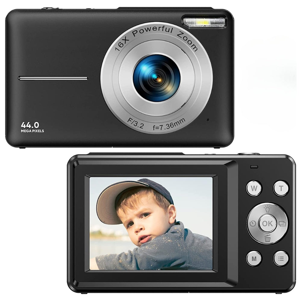 "Compact digital camera for teens, 44MP, 1080P, 16X zoom, 2.4-inch LCD, portable design"