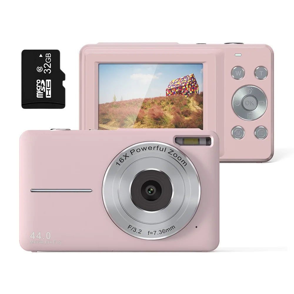 "Compact digital camera for teens, 44MP, 1080P, 16X zoom, 2.4-inch LCD, portable design"