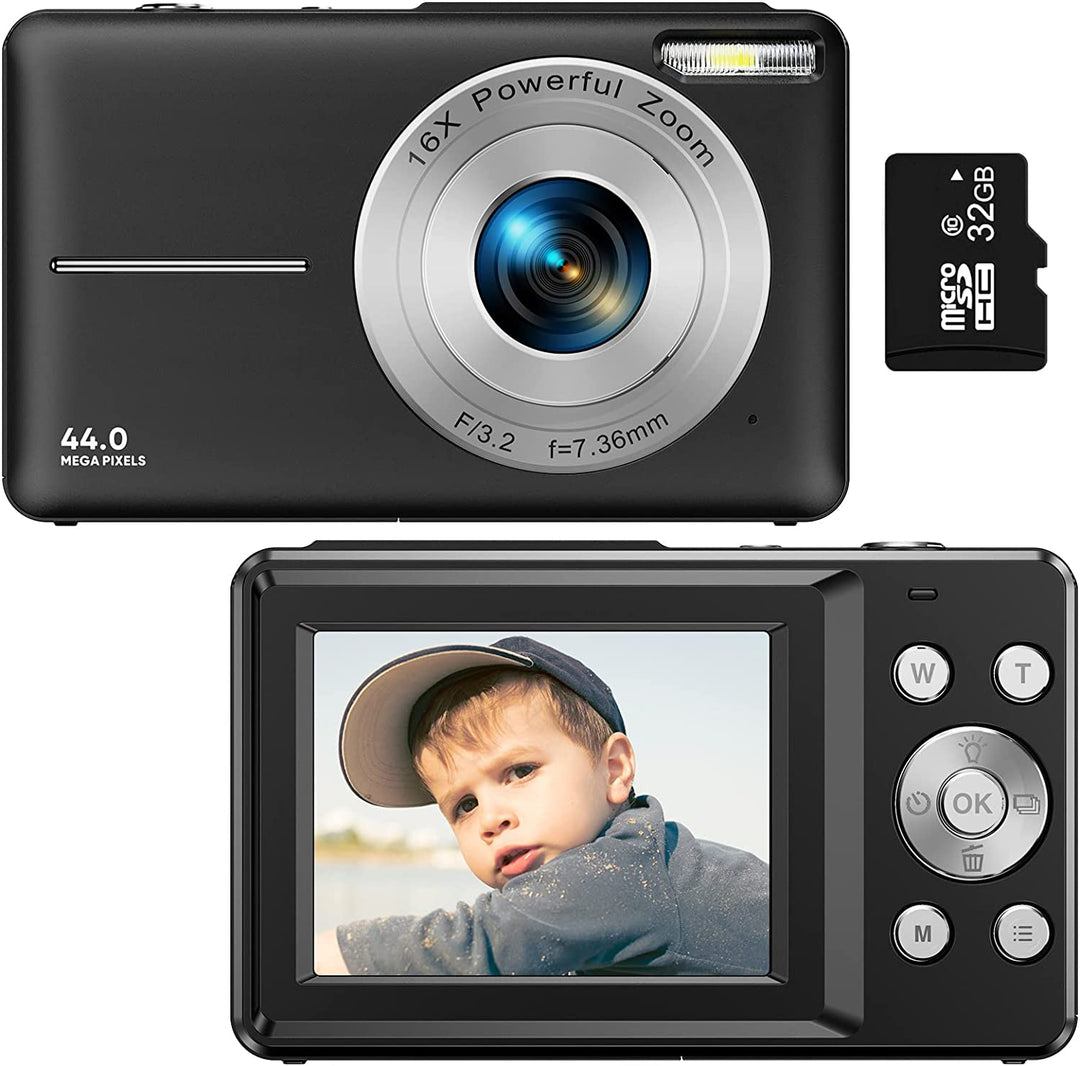 "Compact digital camera for teens, 44MP, 1080P, 16X zoom, 2.4-inch LCD, portable design"