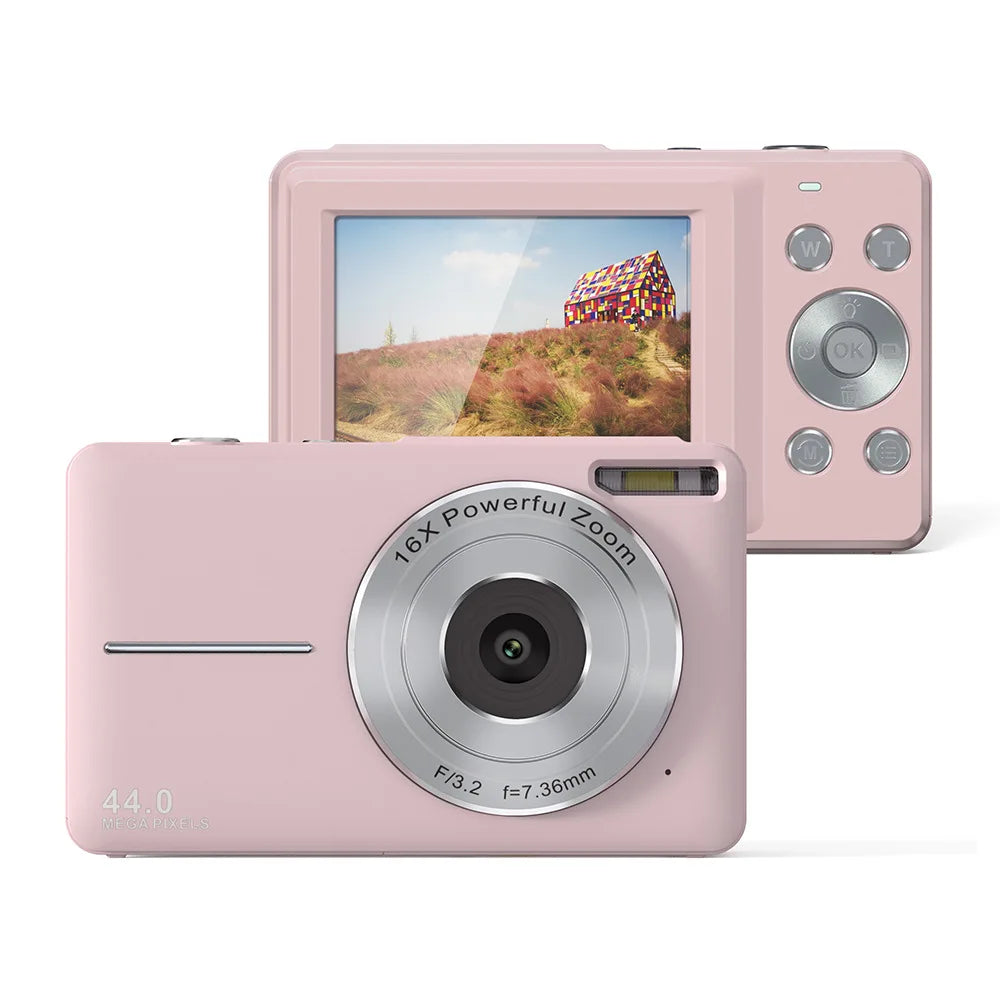 "Compact digital camera for teens, 44MP, 1080P, 16X zoom, 2.4-inch LCD, portable design"