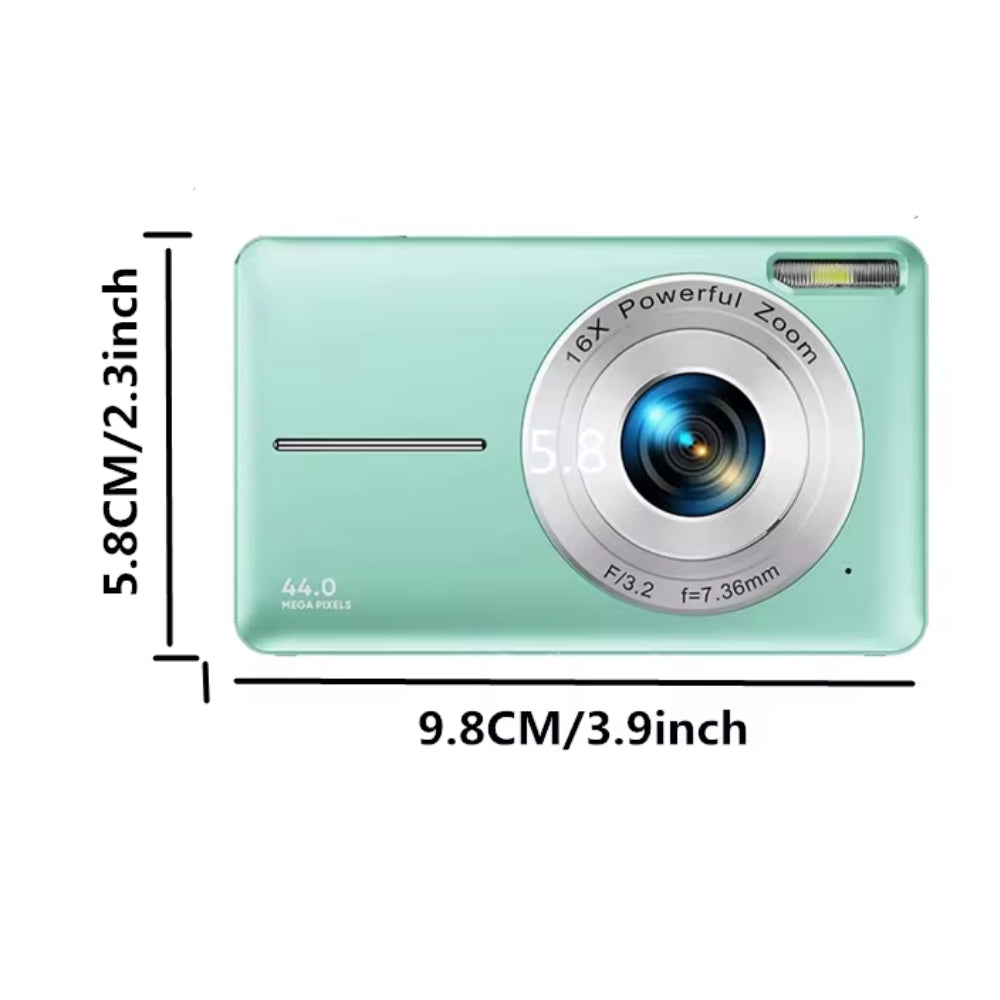 "Compact digital camera for teens, 44MP, 1080P, 16X zoom, 2.4-inch LCD, portable design"