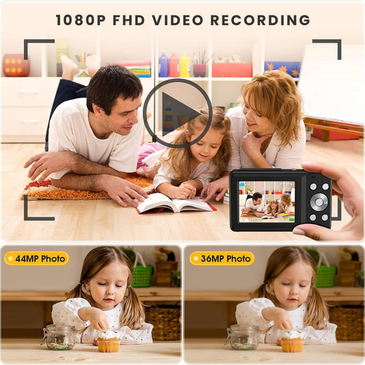 "Compact digital camera for teens, 44MP, 1080P, 16X zoom, 2.4-inch LCD, portable design"