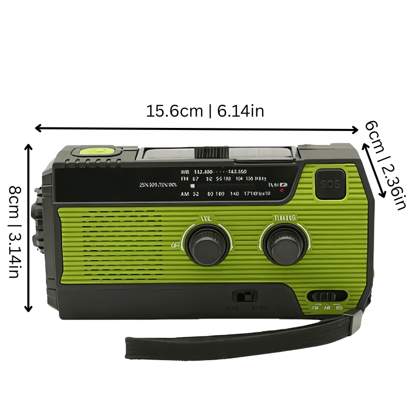 "Compact emergency radio with 4000mAh battery, multiple charging options, flashlight, and SOS alarm for crisis use."