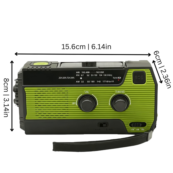"Compact emergency radio with 4000mAh battery, multiple charging options, flashlight, and SOS alarm for crisis use."