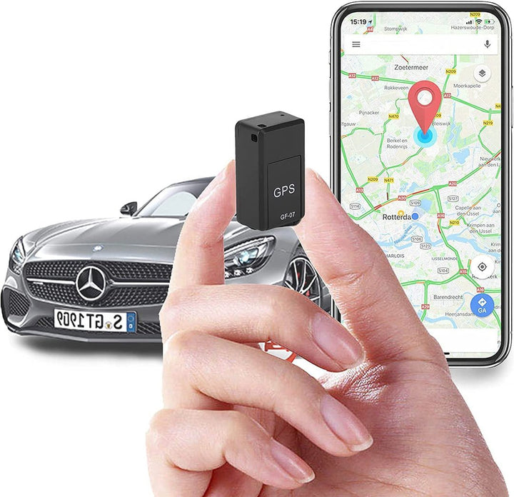 "Compact magnetic GPS tracker for vehicles, small black device with magnet base, ideal for discreet tracking and security."