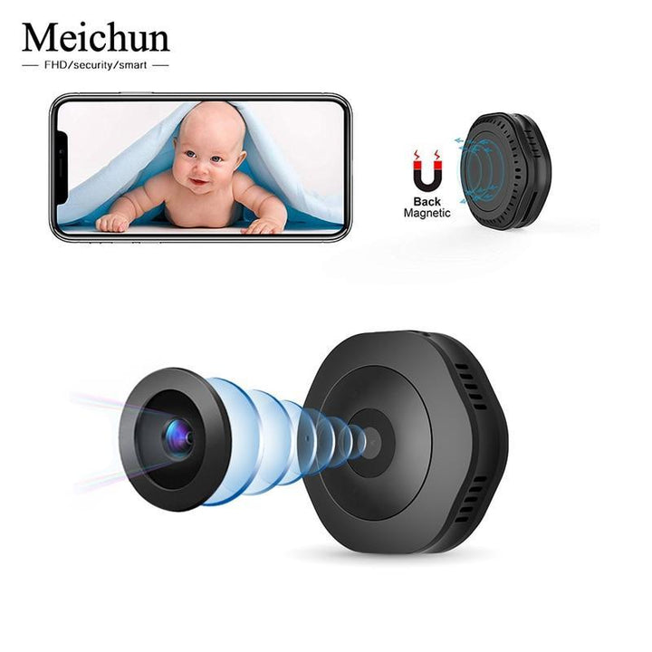 "Compact mini wifi camera for home security, featuring 1080P HD resolution and night vision in a sleek, discreet design."