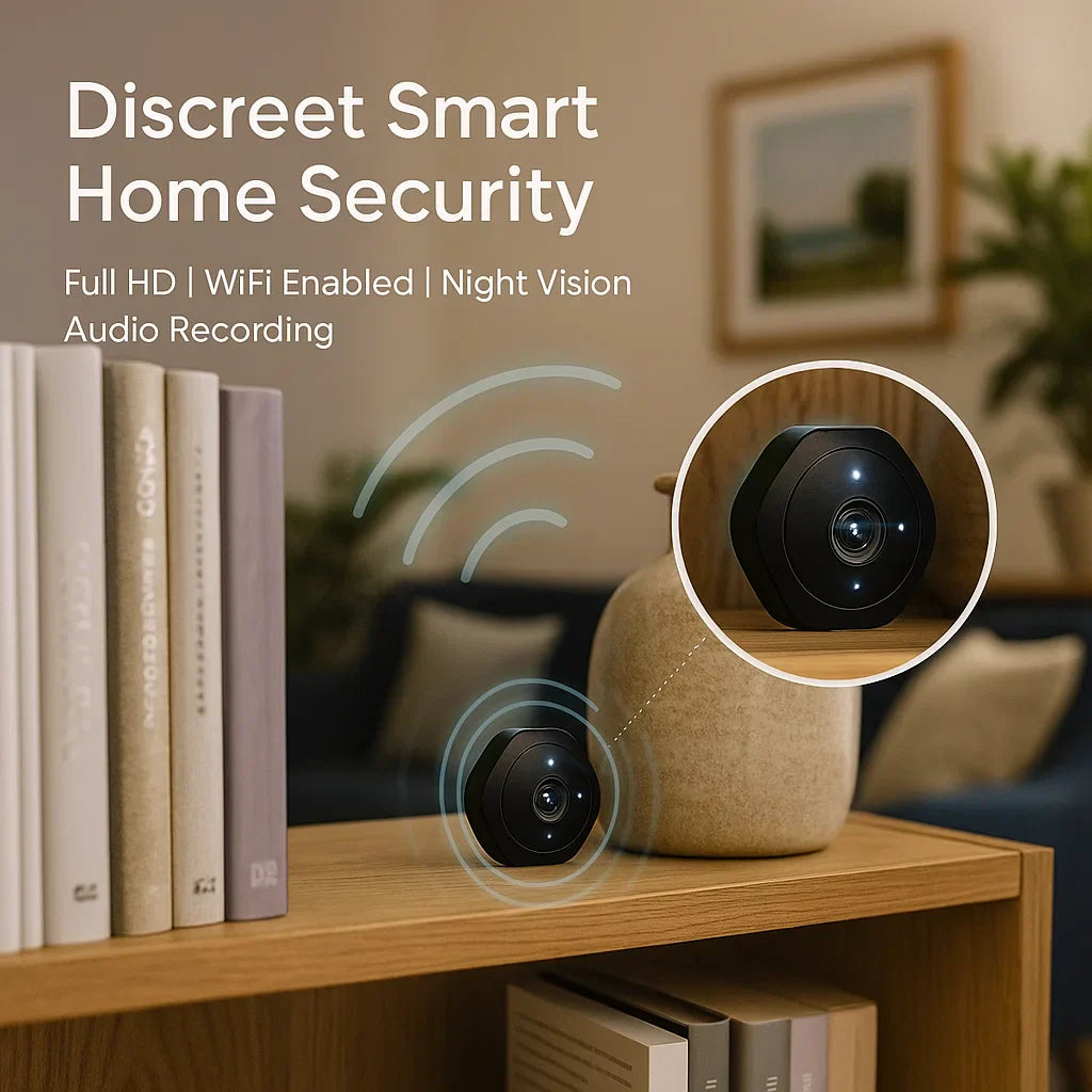 "Compact mini wifi camera for home security, featuring 1080P HD resolution and night vision in a sleek, discreet design."