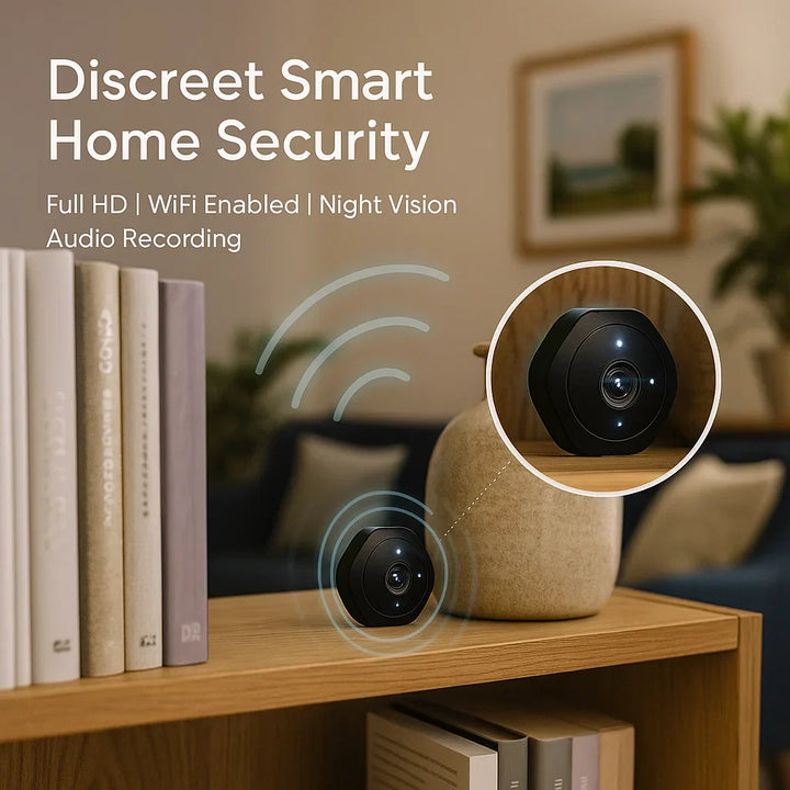 "Compact mini wifi camera for home security, featuring 1080P HD resolution and night vision in a sleek, discreet design."
