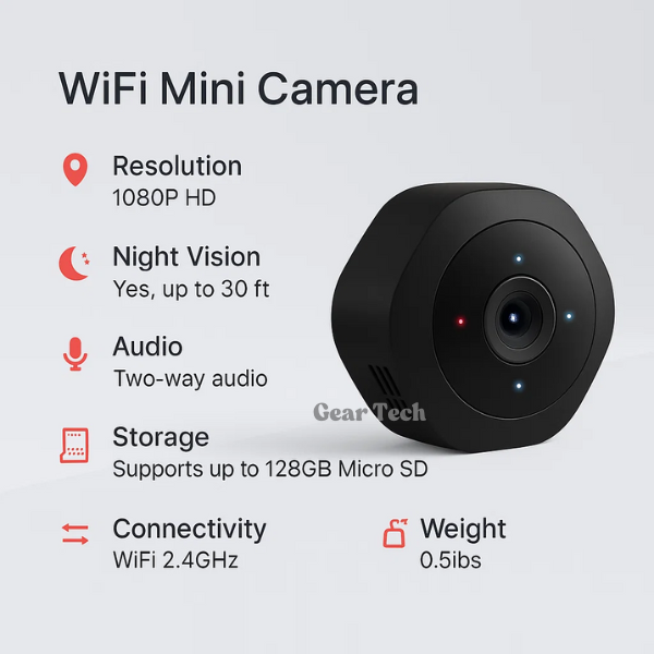 "Compact mini wifi camera for home security, featuring 1080P HD resolution and night vision in a sleek, discreet design."