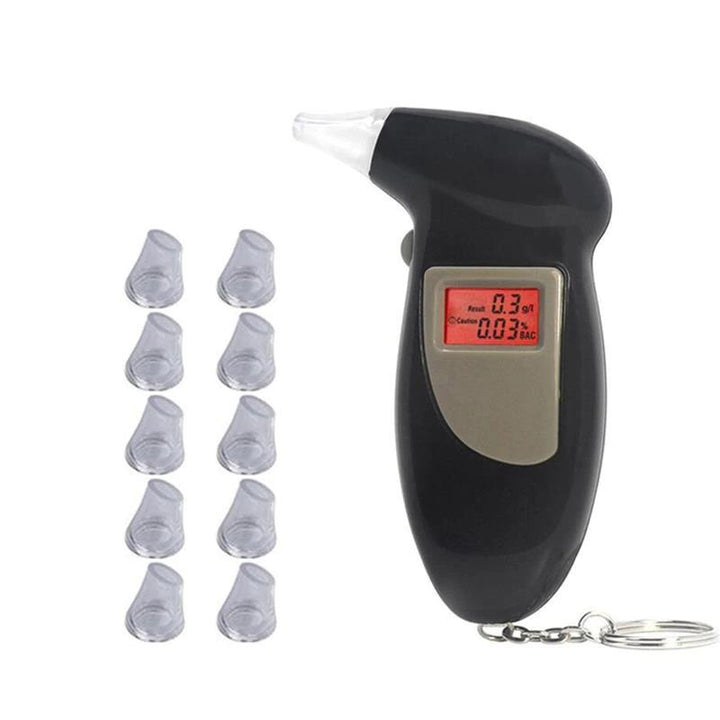 "Compact portable breathalyzer with LCD display and key ring for accurate alcohol testing; essential for personal safety."