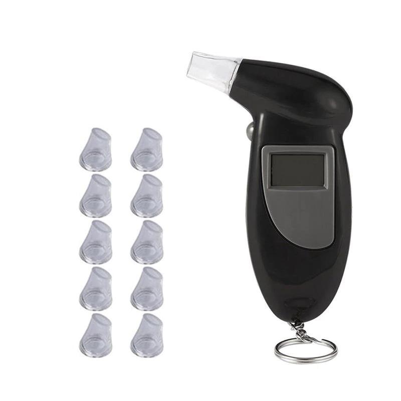 "Compact portable breathalyzer with LCD display and key ring for accurate alcohol testing; essential for personal safety."