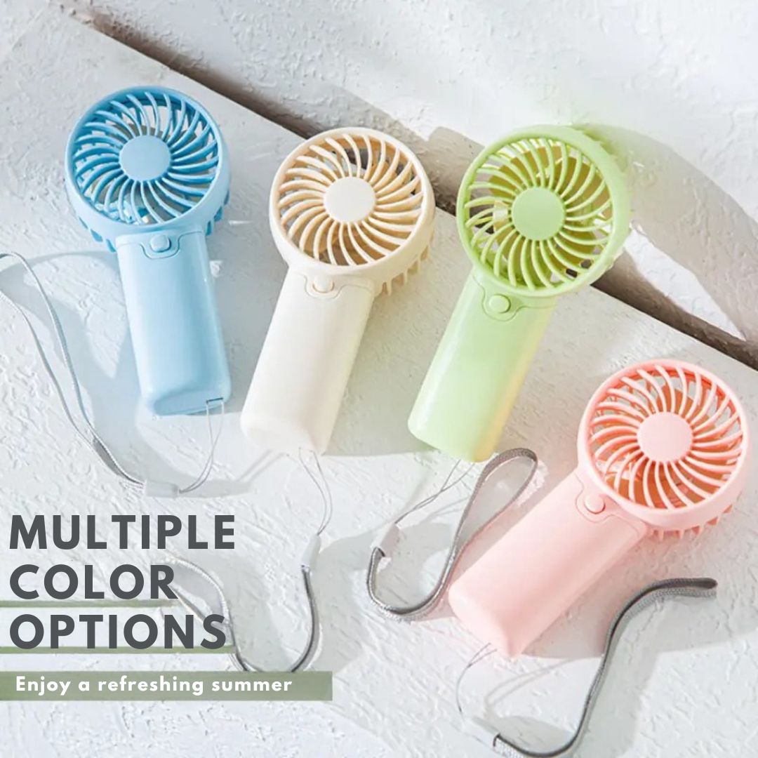 "Compact portable mini fan, sleek design in white, pocket-sized cooler for travel or office, beauty wellbeing essential."