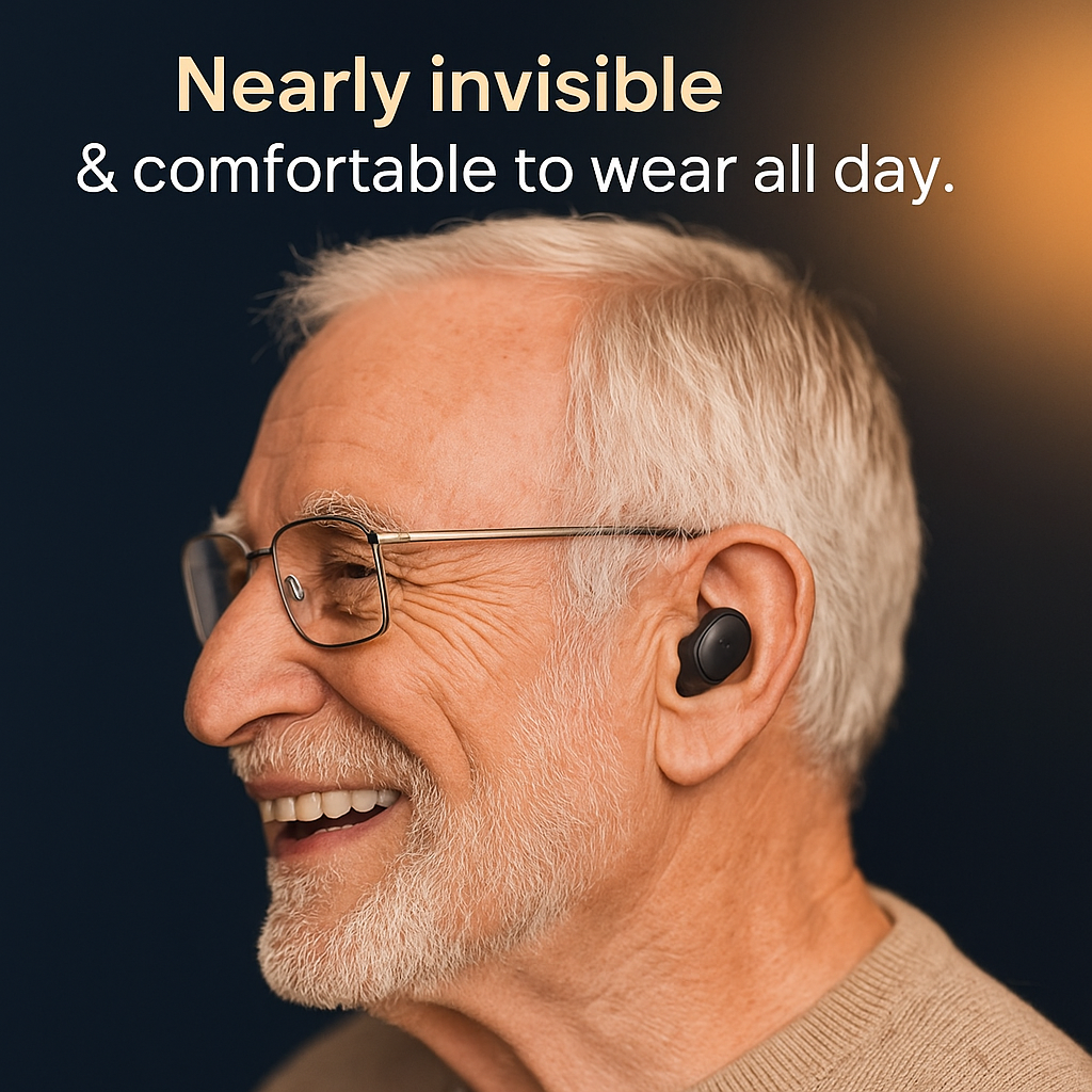 Compact, rechargeable hearing aid with behind-the-ear design for clear sound. Ideal for mild to moderate hearing loss.
