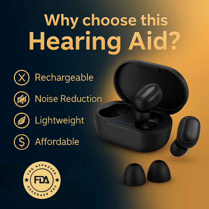 Compact, rechargeable hearing aid with behind-the-ear design for clear sound. Ideal for mild to moderate hearing loss.