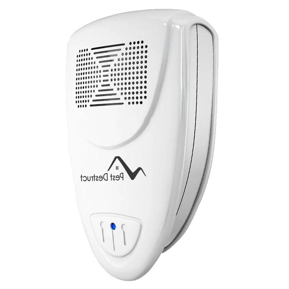 "Compact ultrasonic pest repeller in outlet, sleek white design, silently protects home from mice, rats, flies, safe for pets