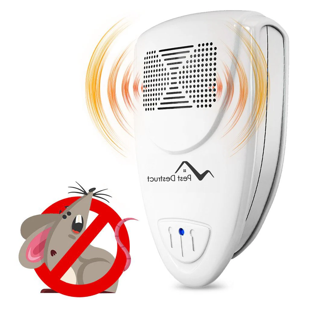 "Compact ultrasonic pest repeller in outlet, sleek white design, silently protects home from mice, rats, flies, safe for pets