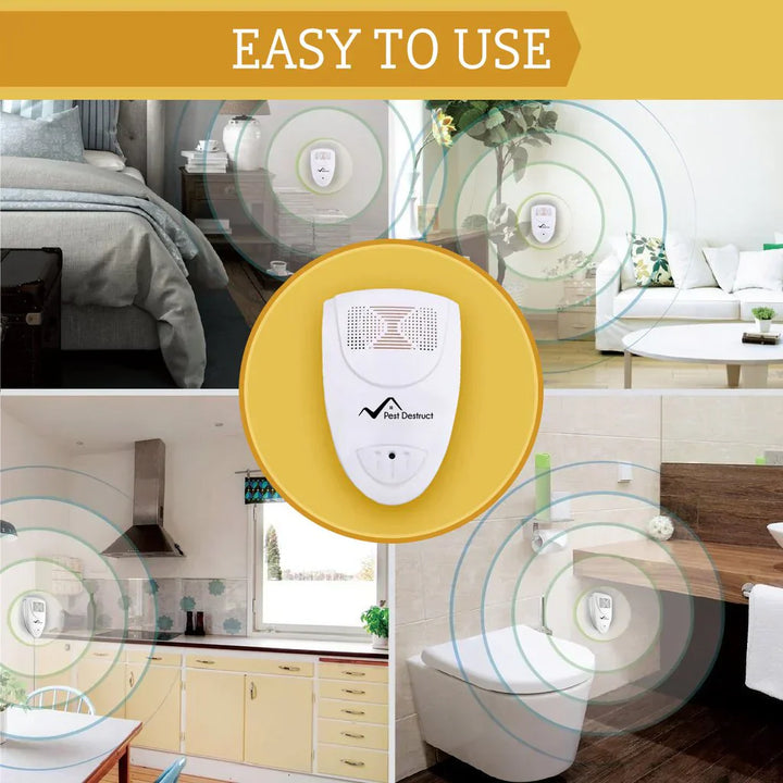 "Compact ultrasonic pest repeller in outlet, sleek white design, silently protects home from mice, rats, flies, safe for pets