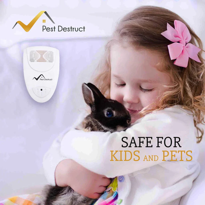 "Compact ultrasonic pest repeller in outlet, sleek white design, silently protects home from mice, rats, flies, safe for pets