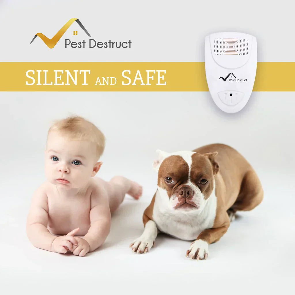 "Compact ultrasonic pest repeller in outlet, sleek white design, silently protects home from mice, rats, flies, safe for pets
