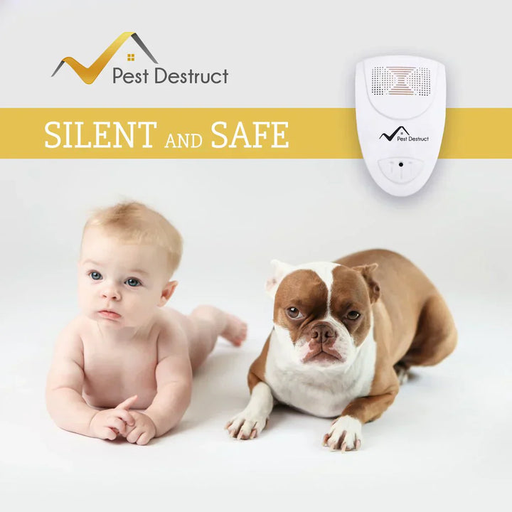 "Compact ultrasonic pest repeller in outlet, sleek white design, silently protects home from mice, rats, flies, safe for pets