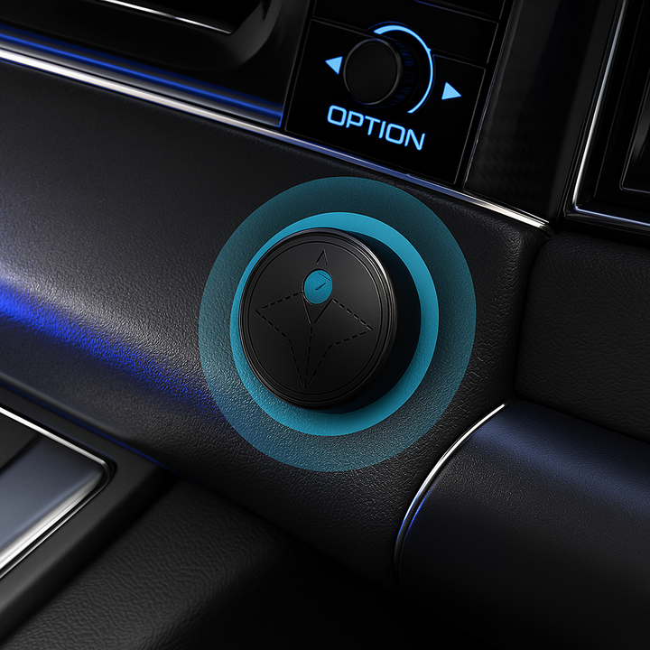 "Compact vehicle GPS tracker with magnetic mount, sleek black design, real-time tracking, weather-resistant for all condition