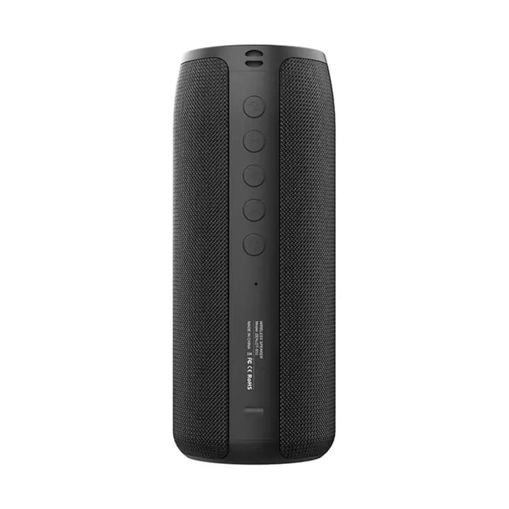 "Compact waterproof Bluetooth wireless speaker; sleek black design, portable, ideal for indoor and outdoor use."