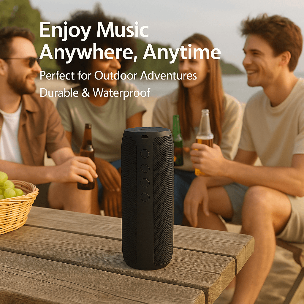 "Compact waterproof Bluetooth wireless speaker; sleek black design, portable, ideal for indoor and outdoor use."