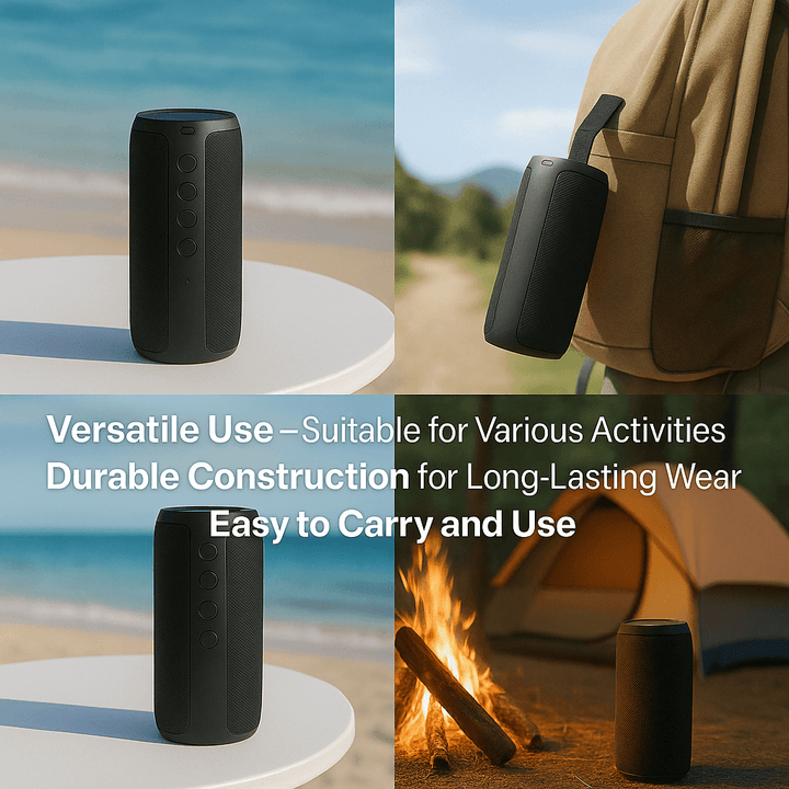 "Compact waterproof Bluetooth wireless speaker; sleek black design, portable, ideal for indoor and outdoor use."