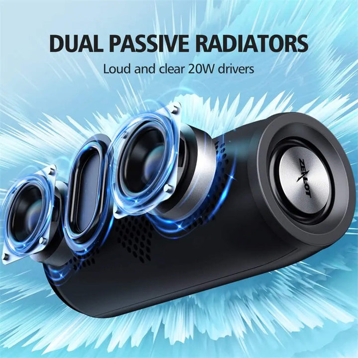 "Compact waterproof Bluetooth wireless speaker; sleek black design, portable, ideal for indoor and outdoor use."