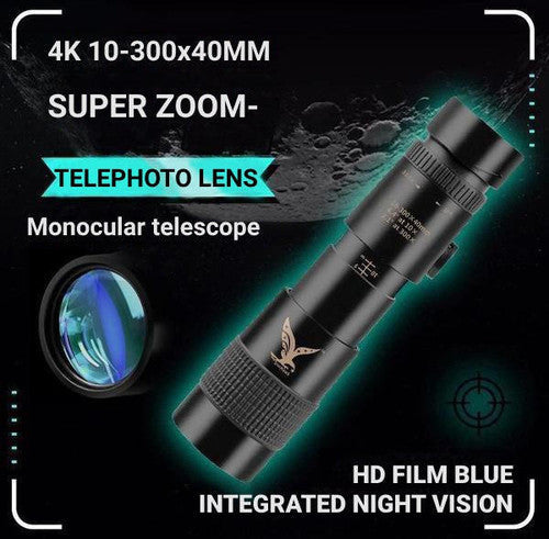 "Compact waterproof monocular telescope with 10x zoom, night vision, and smartphone compatibility for outdoor adventures."