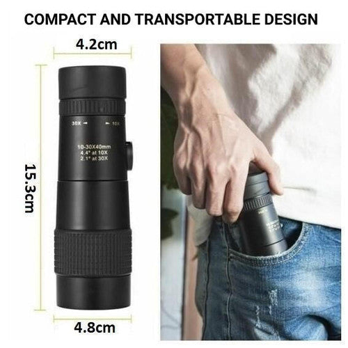 "Compact waterproof monocular telescope with 10x zoom, night vision, and smartphone compatibility for outdoor adventures."