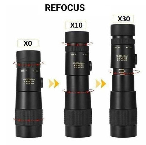 "Compact waterproof monocular telescope with 10x zoom, night vision, and smartphone compatibility for outdoor adventures."