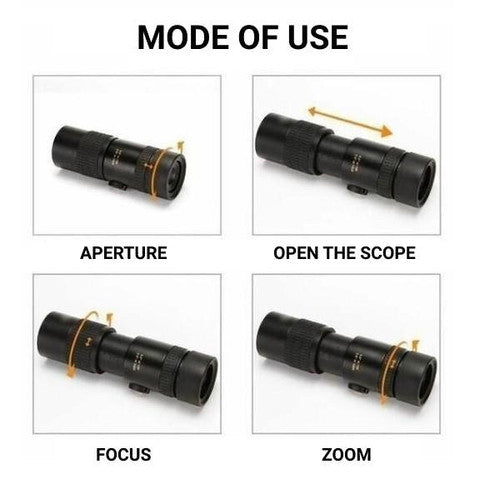 "Compact waterproof monocular telescope with 10x zoom, night vision, and smartphone compatibility for outdoor adventures."