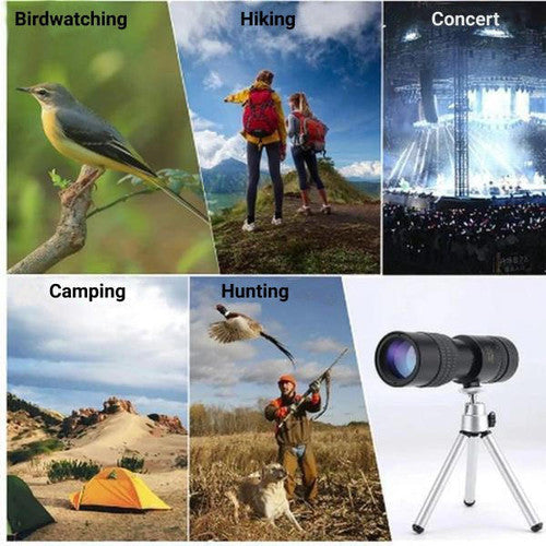 "Compact waterproof monocular telescope with 10x zoom, night vision, and smartphone compatibility for outdoor adventures."