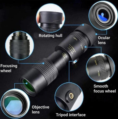 "Compact waterproof monocular telescope with 10x zoom, night vision, and smartphone compatibility for outdoor adventures."