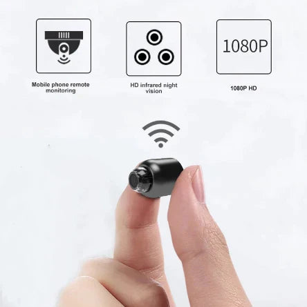 "Compact WiFi night vision mini camera, 1080P HD, wide-angle lens, discreet size, high-definition surveillance, black finish"