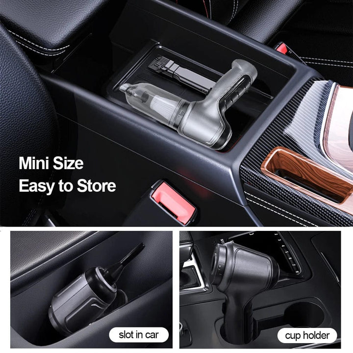 Compact wireless car vacuum cleaner with handle and nozzle for powerful, portable cleaning; sleek design, perfect for vehicle