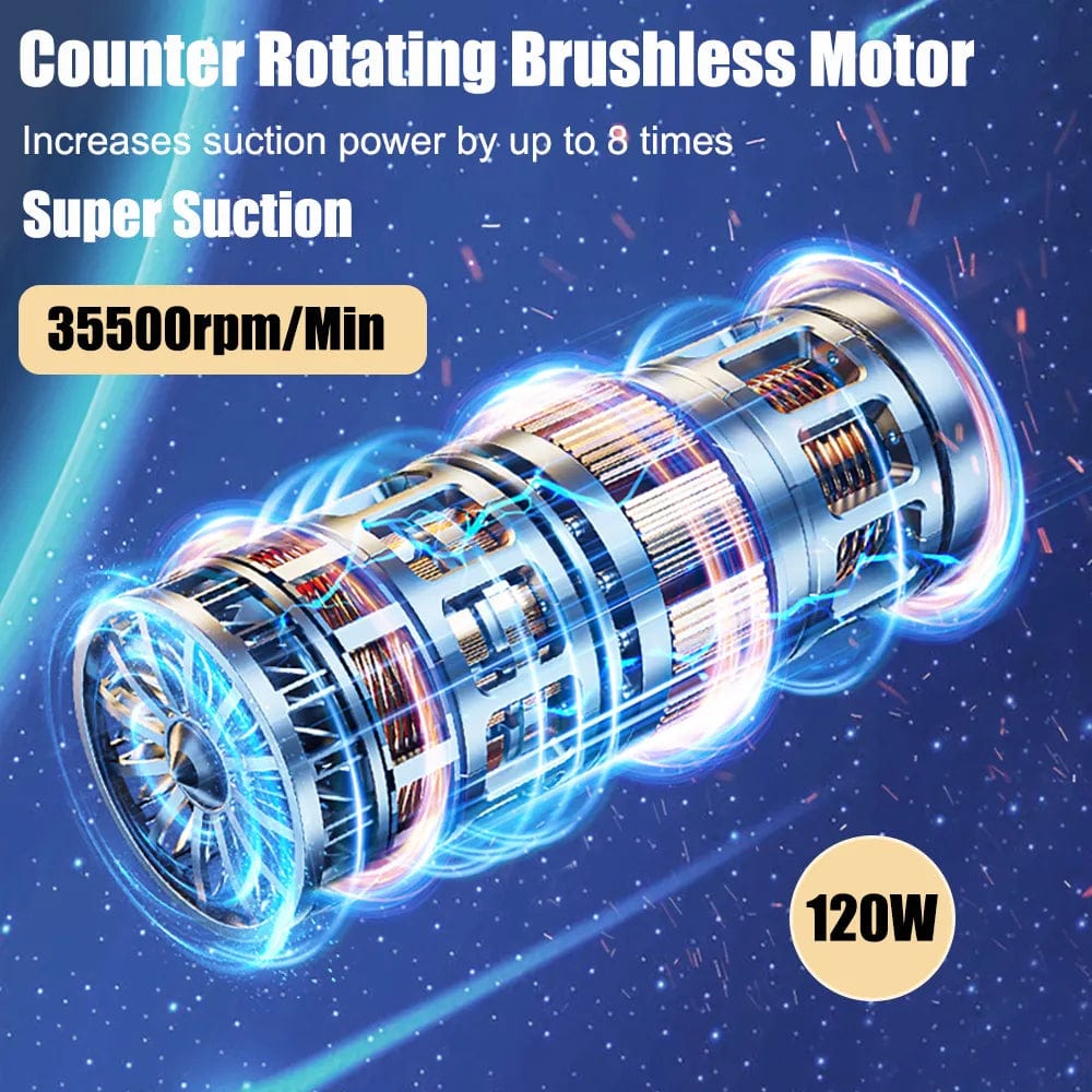 Compact wireless car vacuum cleaner with handle and nozzle for powerful, portable cleaning; sleek design, perfect for vehicle