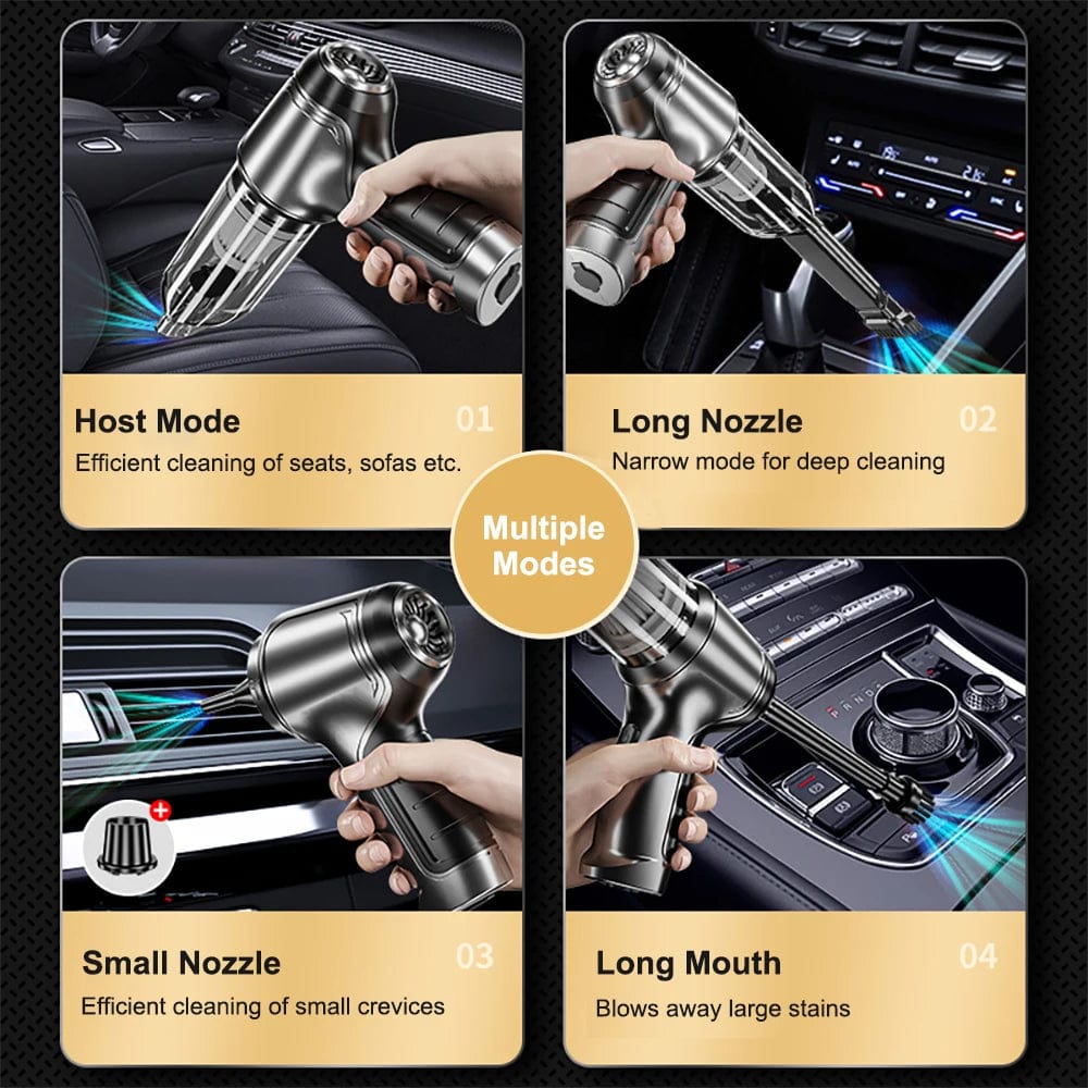 Compact wireless car vacuum cleaner with handle and nozzle for powerful, portable cleaning; sleek design, perfect for vehicle