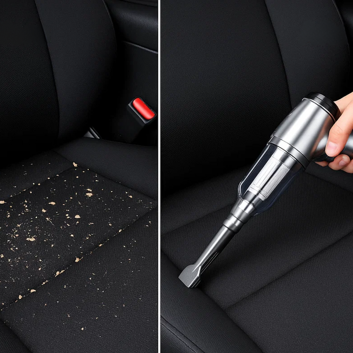 Compact wireless car vacuum cleaner with handle and nozzle for powerful, portable cleaning; sleek design, perfect for vehicle